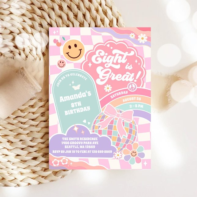 Eight Is Great Cloud Rainbow Disco 8th Birthday Invitation (Creator Uploaded)
