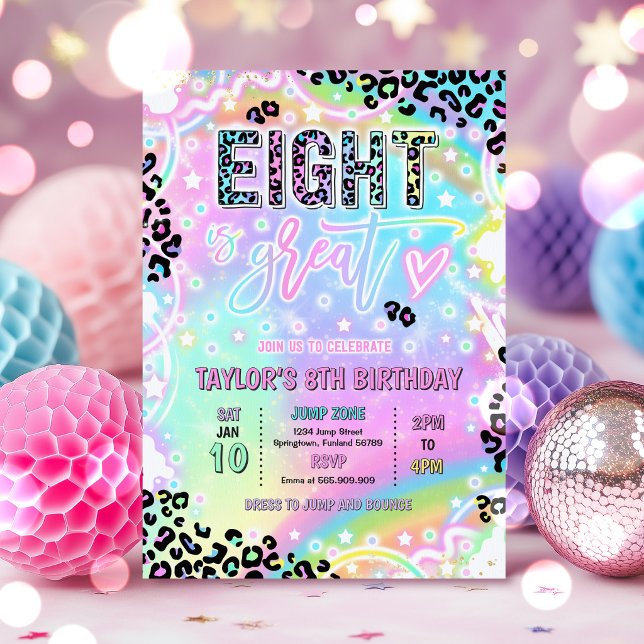 Eight Is Great Rainbow Leopard Print 8th Birthday Invitation (Creator Uploaded)