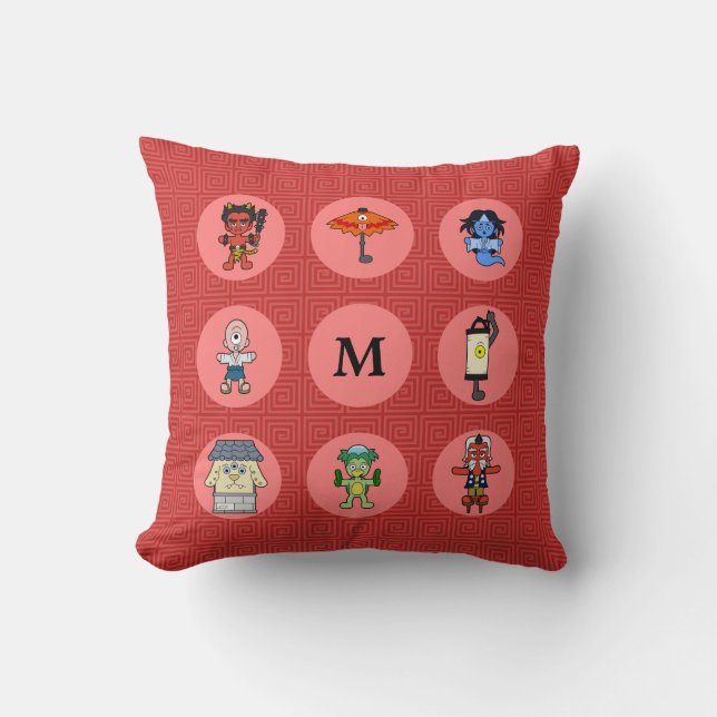 Eight Japanese Yokai Monsters with Monogram Throw Pillow (Front)