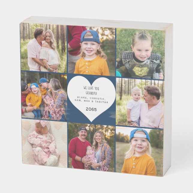 Eight Photo We Love You Grandpa Custom Names Wooden Box Sign (Angled Horizontal)