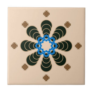 Eight point Mandala, Chocolate, Tan, Beige & Blue Ceramic Tile