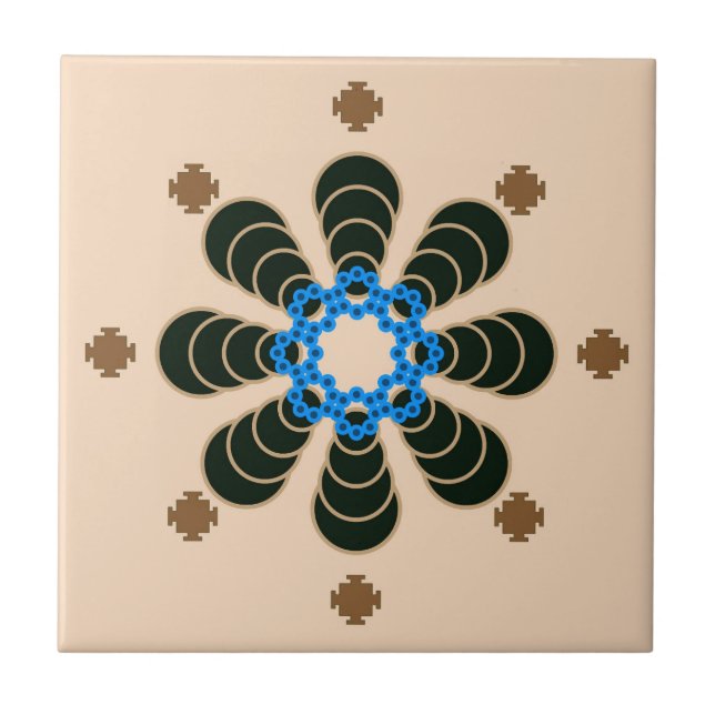 Eight point Mandala, Chocolate, Tan, Beige & Blue Ceramic Tile (Front)