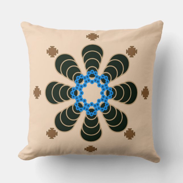 Eight point Mandala, Chocolate, Tan, Beige & Blue Throw Pillow (Front)