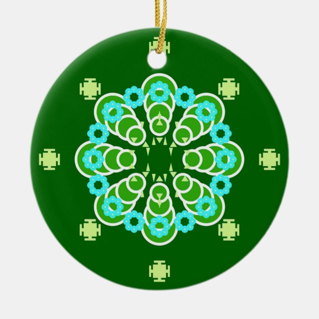 Eight point Mandala, Dark Jade Green and Aqua Ceramic Ornament (Front)