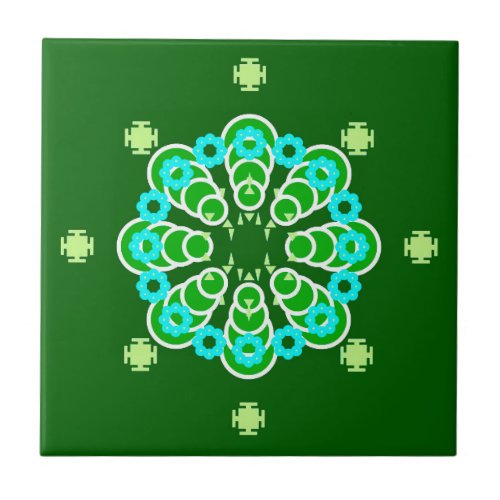 Eight point Mandala Dark Jade Green and Aqua Ceramic Tile