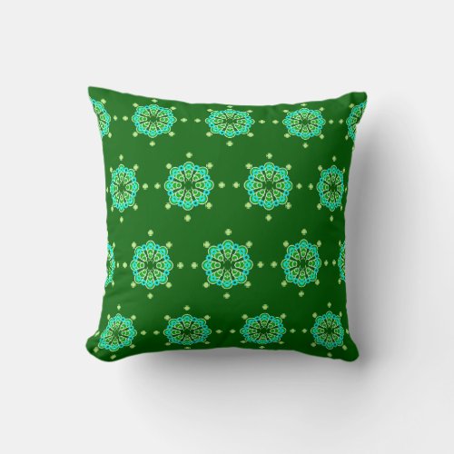 Eight point Mandala Dark Jade Green and Aqua Throw Pillow