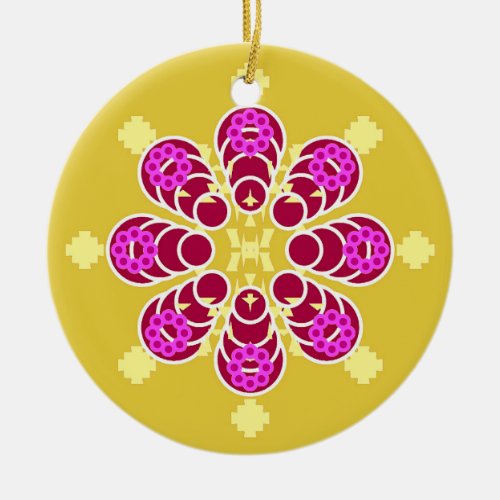 Eight point Mandala Mustard Gold and Purple Ceramic Ornament