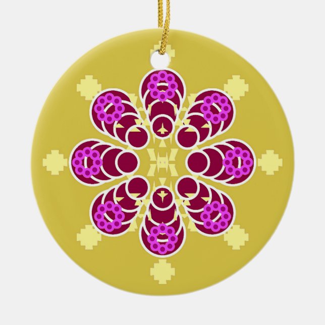 Eight point Mandala, Mustard Gold and Purple Ceramic Ornament (Front)