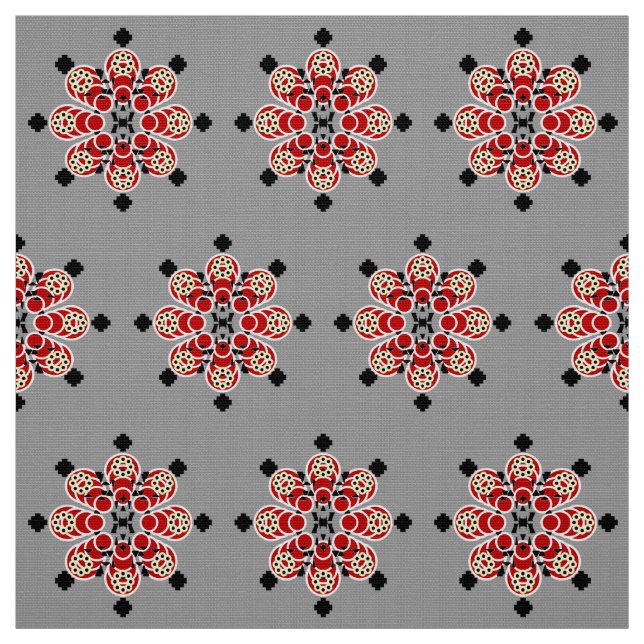 Eight point Mandala, Red, Black and Gray / Grey Fabric (Swatch)