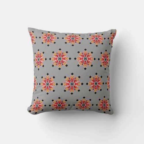Eight point Mandala Red Black and Gray  Grey Throw Pillow