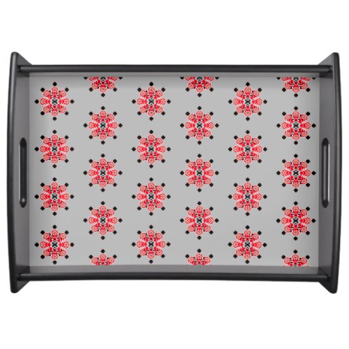 Eight point Mandala _ red gray and black Serving Tray