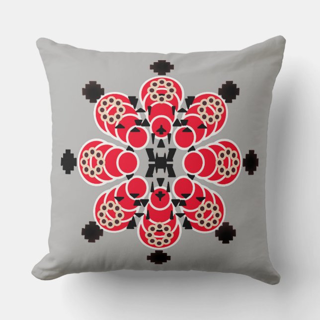 Eight point Mandala - red, gray and black Throw Pillow (Front)