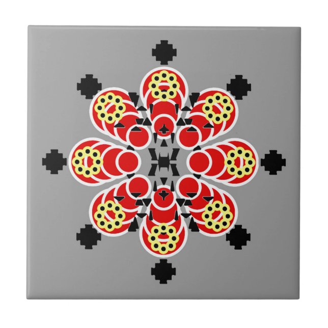 Eight point Mandala, Rred, Gray and Black Ceramic Tile (Front)