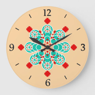Eight point Mandala - turquoise and peach Large Clock