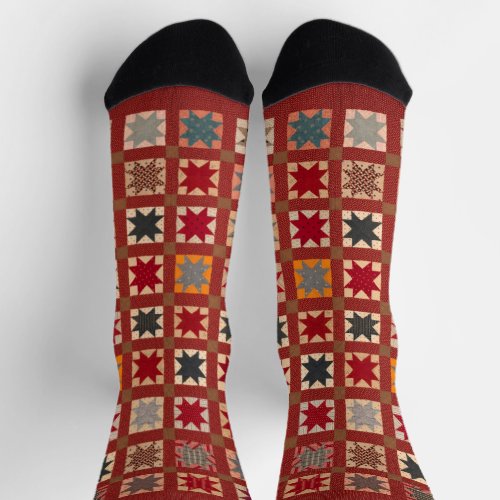 Eight_Pointed Star in warm colors Socks