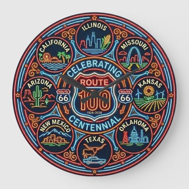 Eight State Route 66 Centennial Neon Large Clock (Front)