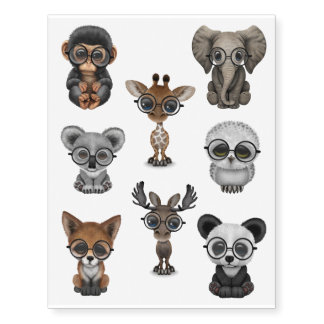Eight Wild Animal Babies Wearing Glasses Temporary Tattoos