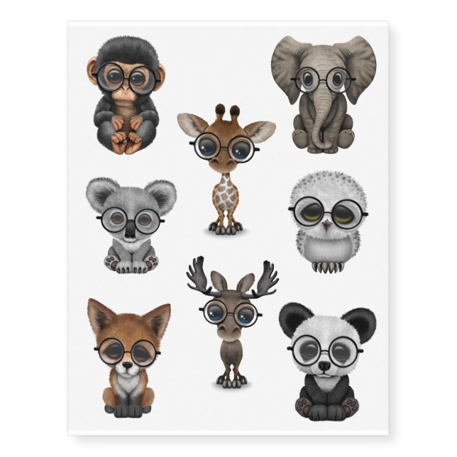Eight Wild Animal Babies Wearing Glasses Temporary Tattoos (Front)