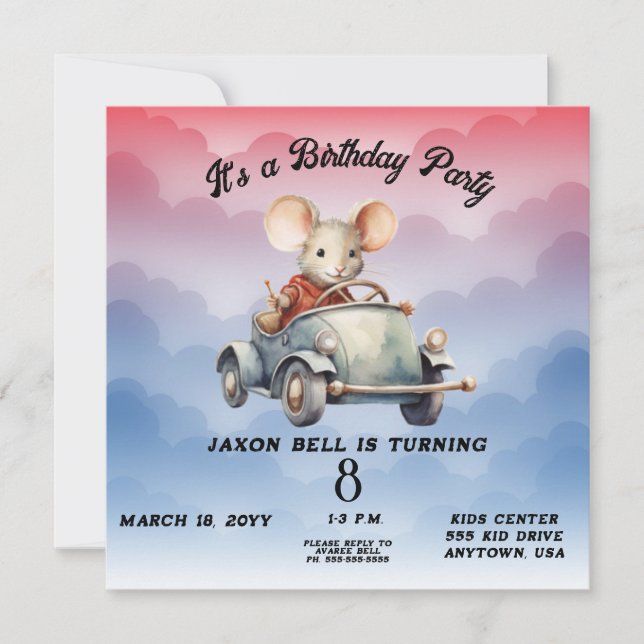Eight Year Boy Birthday Mouse Driving Car Invitation (Front)