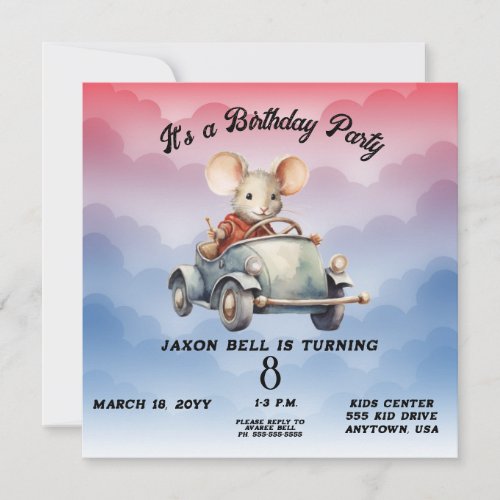 Eight Year Boy Birthday Mouse Driving Car Invitation