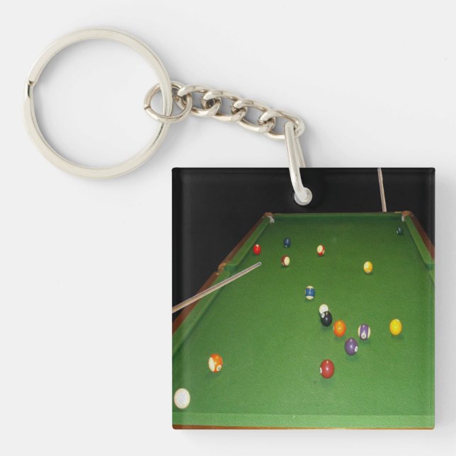 Eightball Table Oilpaint With  Balls And Cues, Keychain (Front)