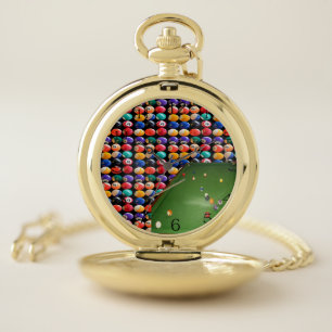 Eightball Table Oilpaint With  Balls And Cues, Pocket Watch