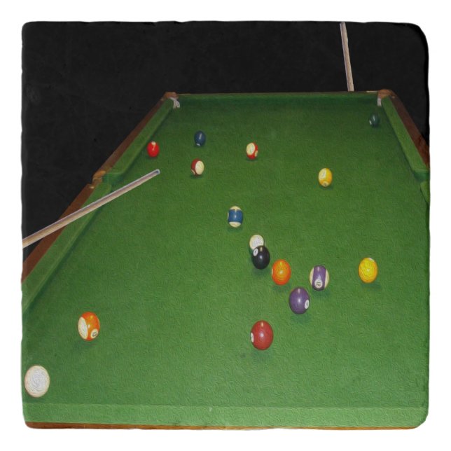 Eightball Table With Balls And Cues, Stone Trivet (Front)