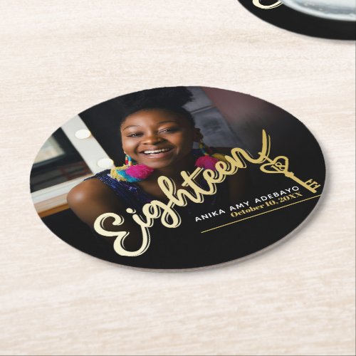 Eighteen 18th Birthday custom photo script gold Round Paper Coaster