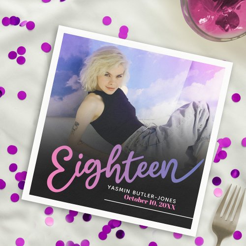 Eighteen 18th Birthday custom photo script purple Napkins