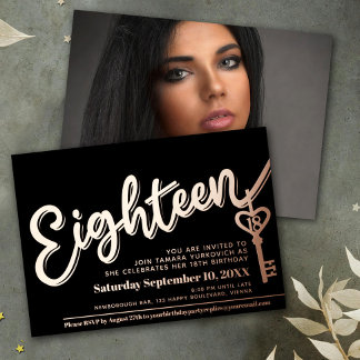 Eighteen 18th Birthday key black gold photo Foil Invitation