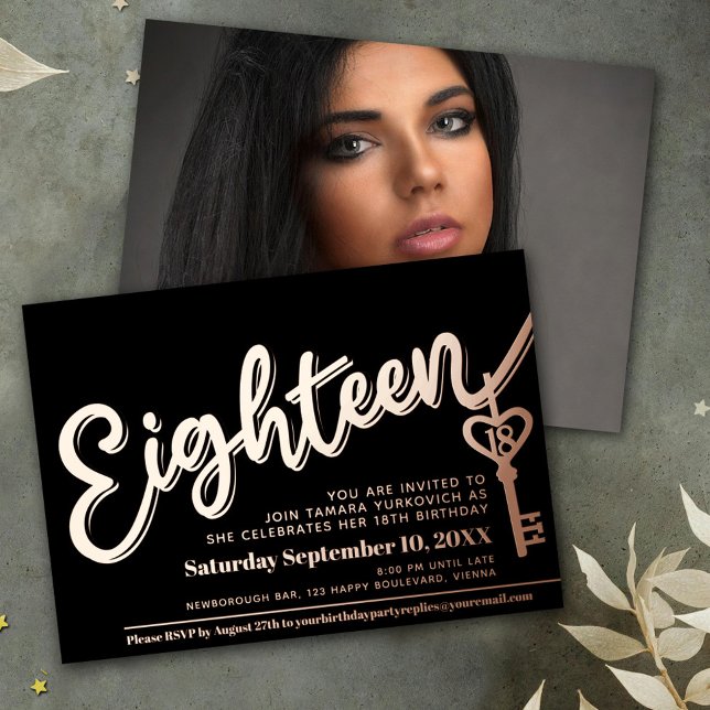 Eighteen 18th Birthday key black gold photo Foil Invitation (Creator Uploaded)
