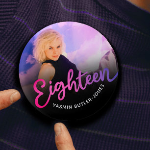 Eighteen 18th Birthday photo purple pink black Button
