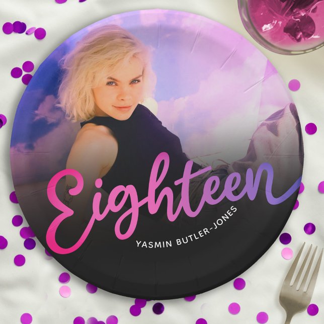 Eighteen 18th Birthday photo purple pink black Paper Plates (Creator Uploaded)
