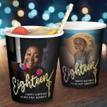 Eighteen 18th Birthday photo script gold key Paper Cups<br><div class="desc">Eighteen gold colored style effect script text with key to the door on black paper party cups. Personalize these cups with two photos of your birthday girl turning 18, one on each side (for past and present), plus add your own name or message. Ideal for a 18th birthday party or...</div>