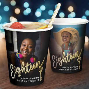 Eighteen 18th Birthday photo script gold key Paper Cups