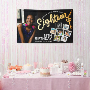 Eighteen gold 18th Birthday photos on black Banner