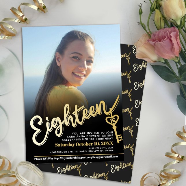 Eighteen photo black gold key 18th Birthday Invitation (Creator Uploaded)