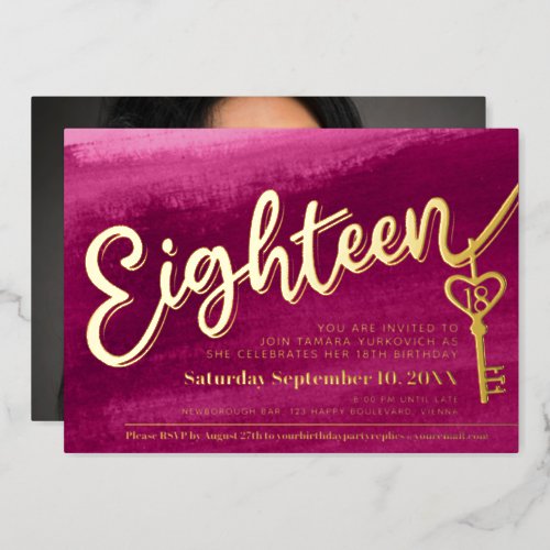 Eighteen script key 18th birthday gold red pink foil invitation