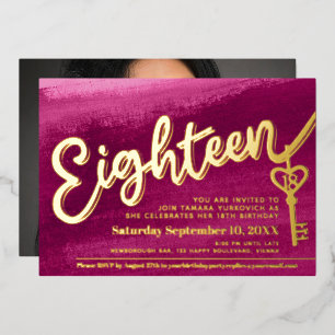 Eighteen script key 18th birthday gold red pink foil invitation
