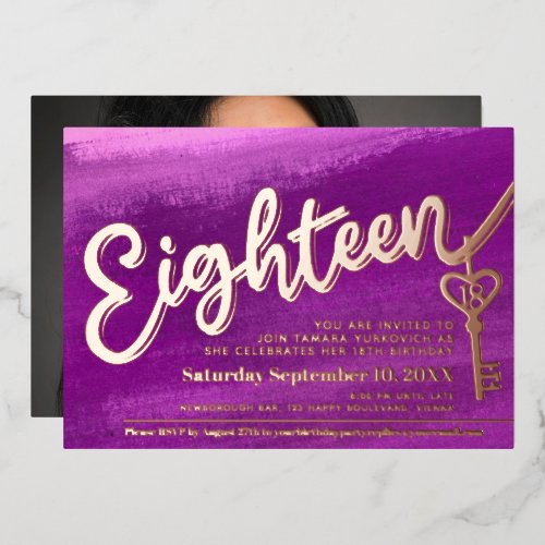 Eighteen script key 18th birthday purple rose gold
