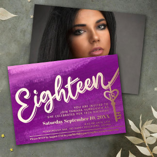 Eighteen script key 18th birthday purple rose gold foil invitation