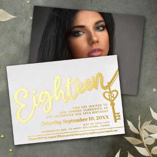 Eighteen script text key 18th birthday gold white foil invitation