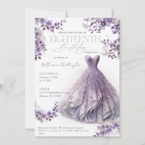 Eighteenth 18 Birthday Purple Lilac Dress Floral Invitation