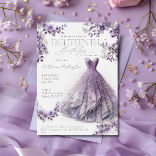 Eighteenth 18 Birthday Purple Lilac Dress Floral Invitation
