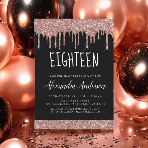 Eighteenth _ 18th Rose Gold Glitter Birthday Invitation