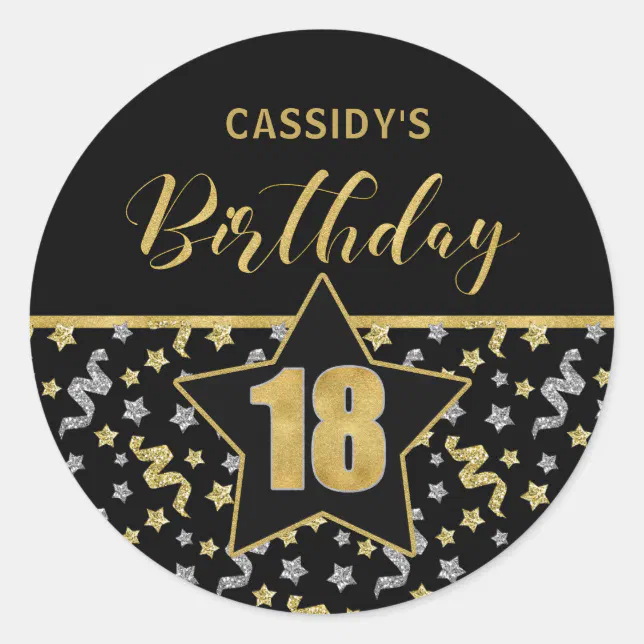 Eighteenth Birthday Black and Gold Confetti Classic Round Sticker | Zazzle