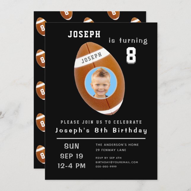 Eighth Birthday Black Custom Photo Age Football Invitation (Front/Back)