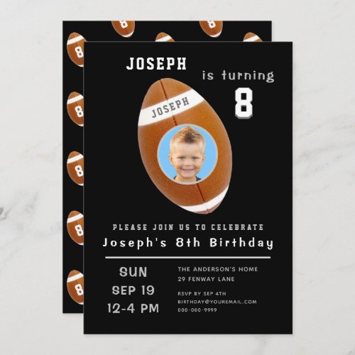 Eighth Birthday Black Custom Photo Age Football Invitation