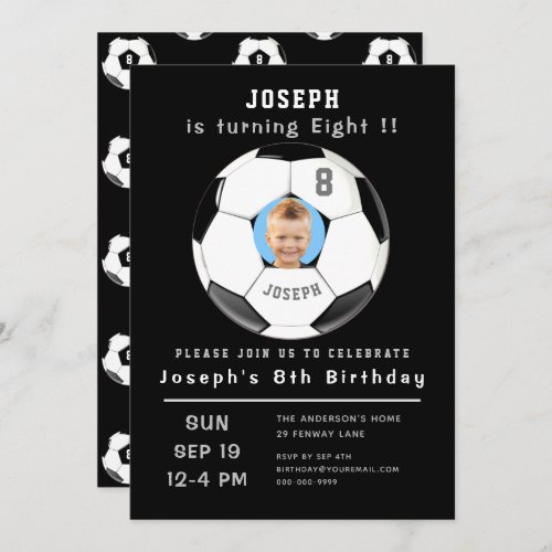 Eighth Birthday Black Custom Photo Age Soccer Invitation