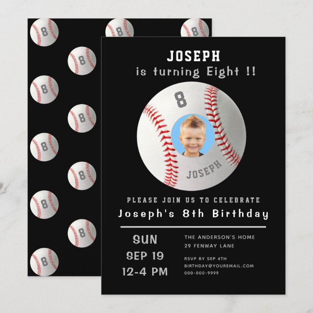 Eighth Birthday Black Custom Photo Baseball Invitation (Front/Back)